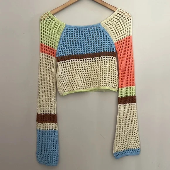 Urban Outfitters Chloe Cropped Open-knit Sweater Y2K Color Block Crochet | M - Picture 4 of 9